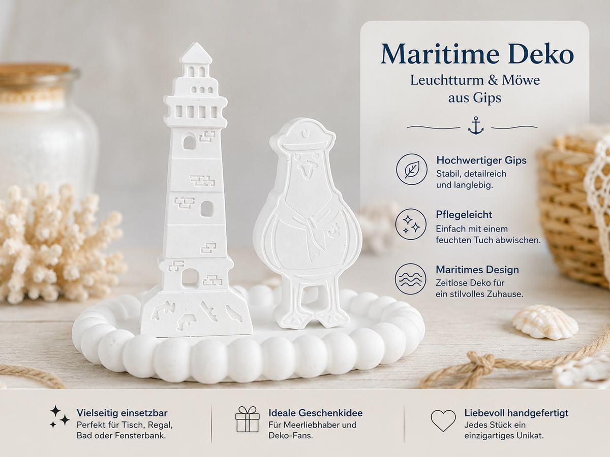 Maritime Gips-Dekoration – Leuchtturm & Möwe auf Perlentablett | Handgefertigte Küstendeko