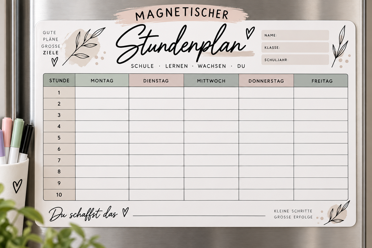 Magnetischer Stundenplan – wiederbeschreibbar inkl. Stift & Mini-Wischer