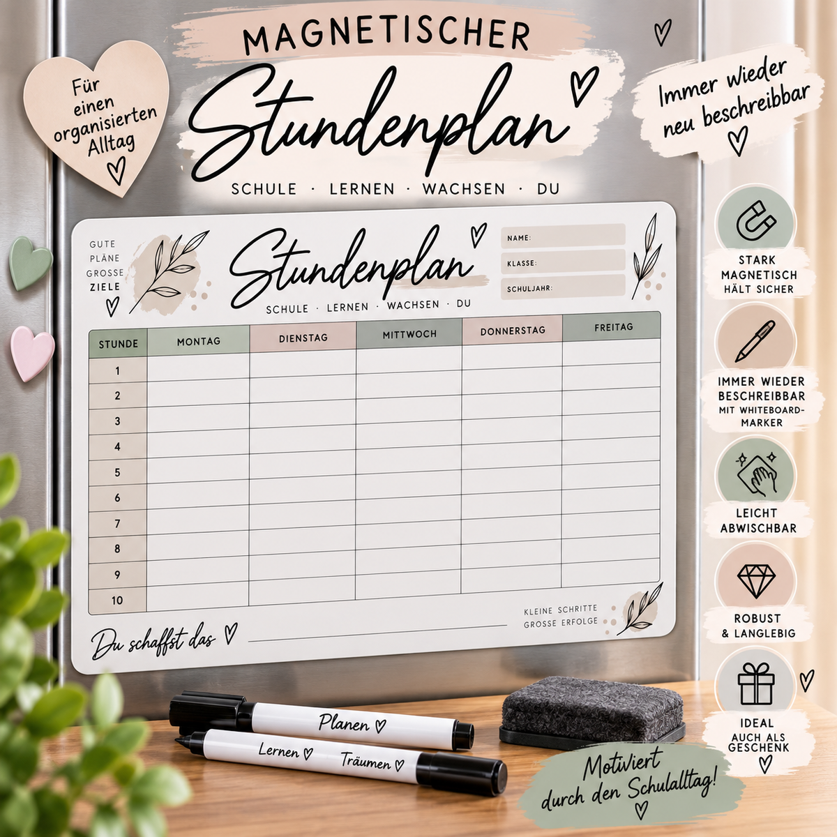 Magnetischer Stundenplan – wiederbeschreibbar inkl. Stift & Mini-Wischer