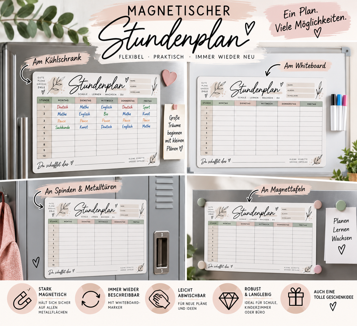Magnetischer Stundenplan – wiederbeschreibbar inkl. Stift & Mini-Wischer